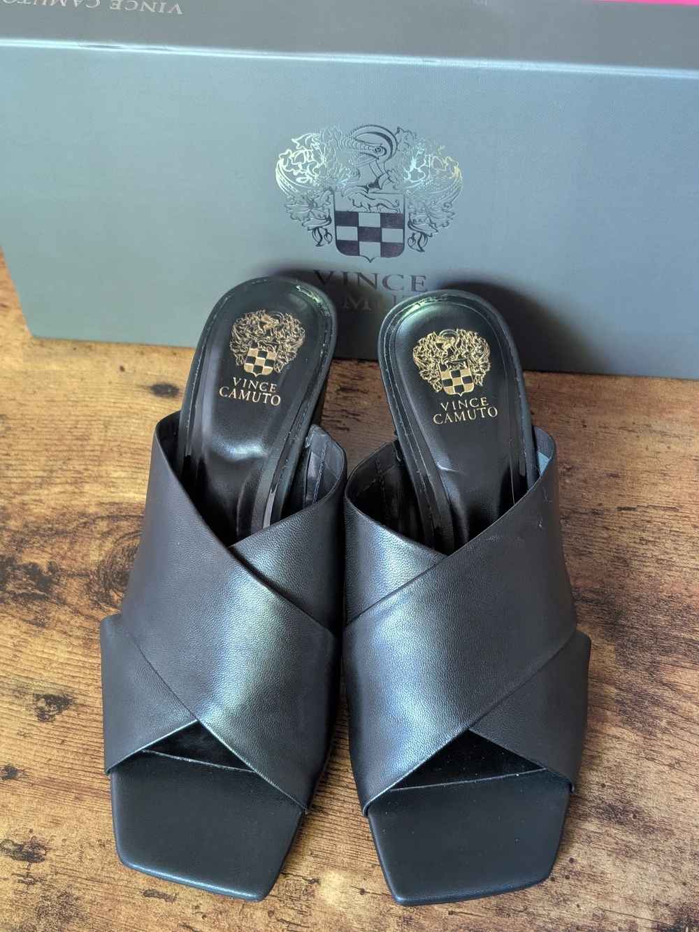 Vince Camuto Black Leather Crisscross Square-Toe Mule